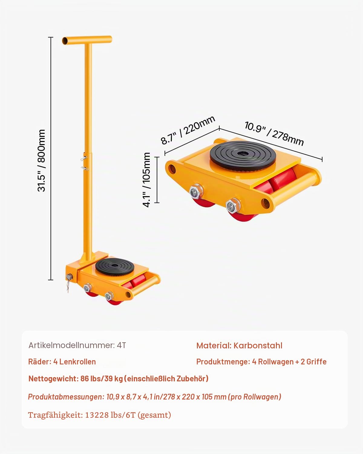 VEVOR Maschinenroller, 6T Möbelroller, 278 x 220 x 105 mm Möbelwagen, Maschinenroller mit 360° Drehkappe und PU-Richtungsrollen, Möbelwagen, Hochleistungs-Industrie-Bewegungsausrüstung, Gelb