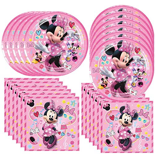 Antetek 40Pack For Minnie Party Supplies Set Birthday Decorations Tableware Kit With 20 7Plates 20 Napkins for Minnie Party Decoration