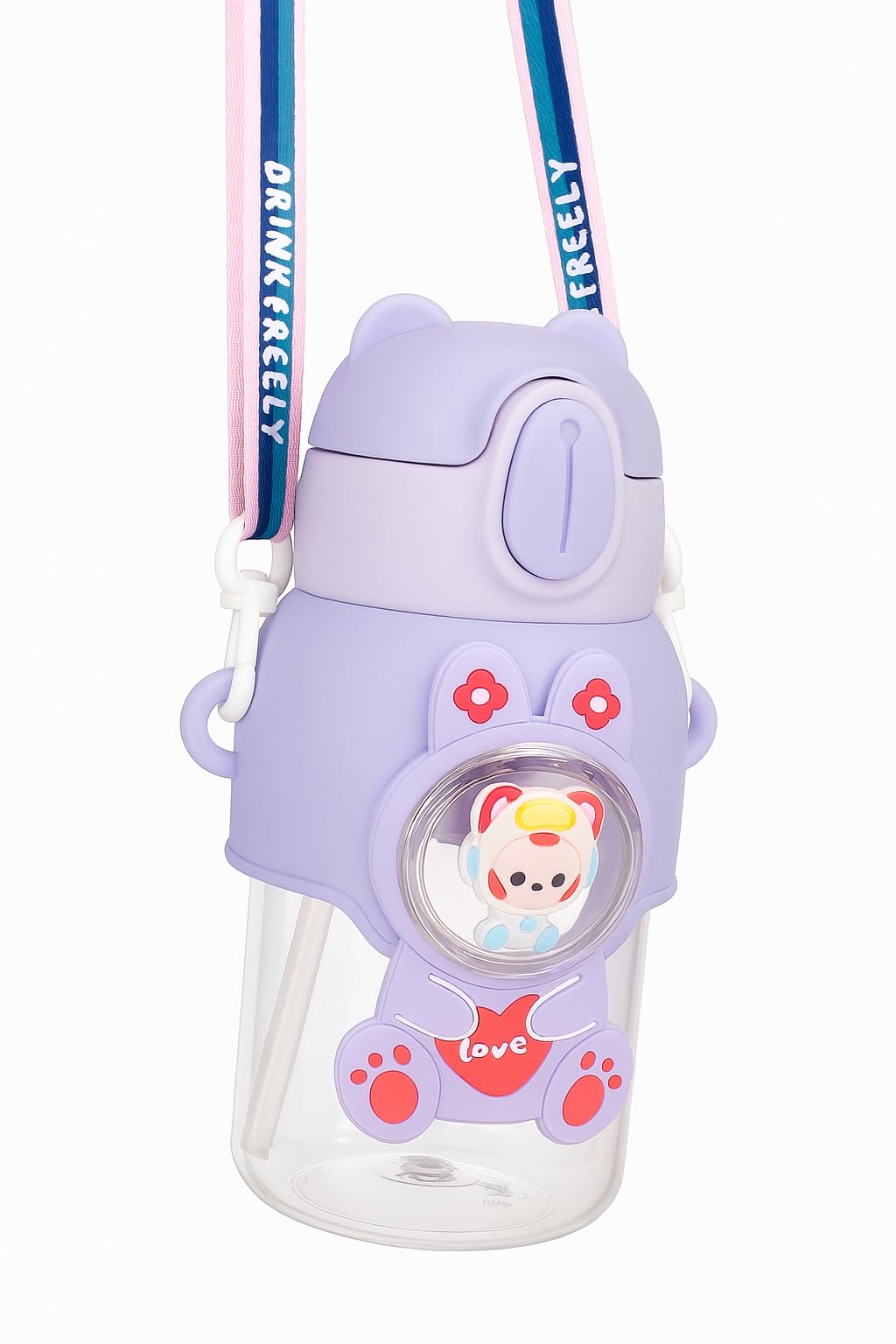 Water Bottle with Cartoon Design, 600ml, Flip Straw Lid, Leakproof, School Travel Bottle with Strap