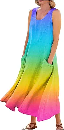 Plus Size Cotton Linen Summer Dresses for Curvy Women 2025 Sleeveless Maxi Vacation Beach Sundresses with Pockets
