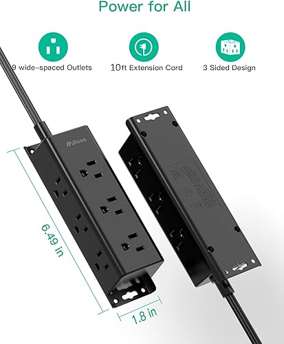Miniatura 7 de Regleta protectora de sobretensiones  9 enchufes múltiples ampliamente espaciados, montaje en pared, extensor de 3 salidas laterales con cable de