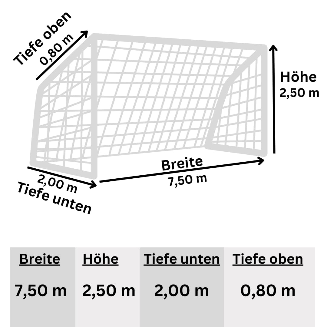 Fußball Tornetz Fußballtornetz 7,50 m x 2,50 m Tiefe Oben 0,80 unten 2,00 m Fußballnetz zweifarbig PP 4 mm Farbe Schwarz/Rot