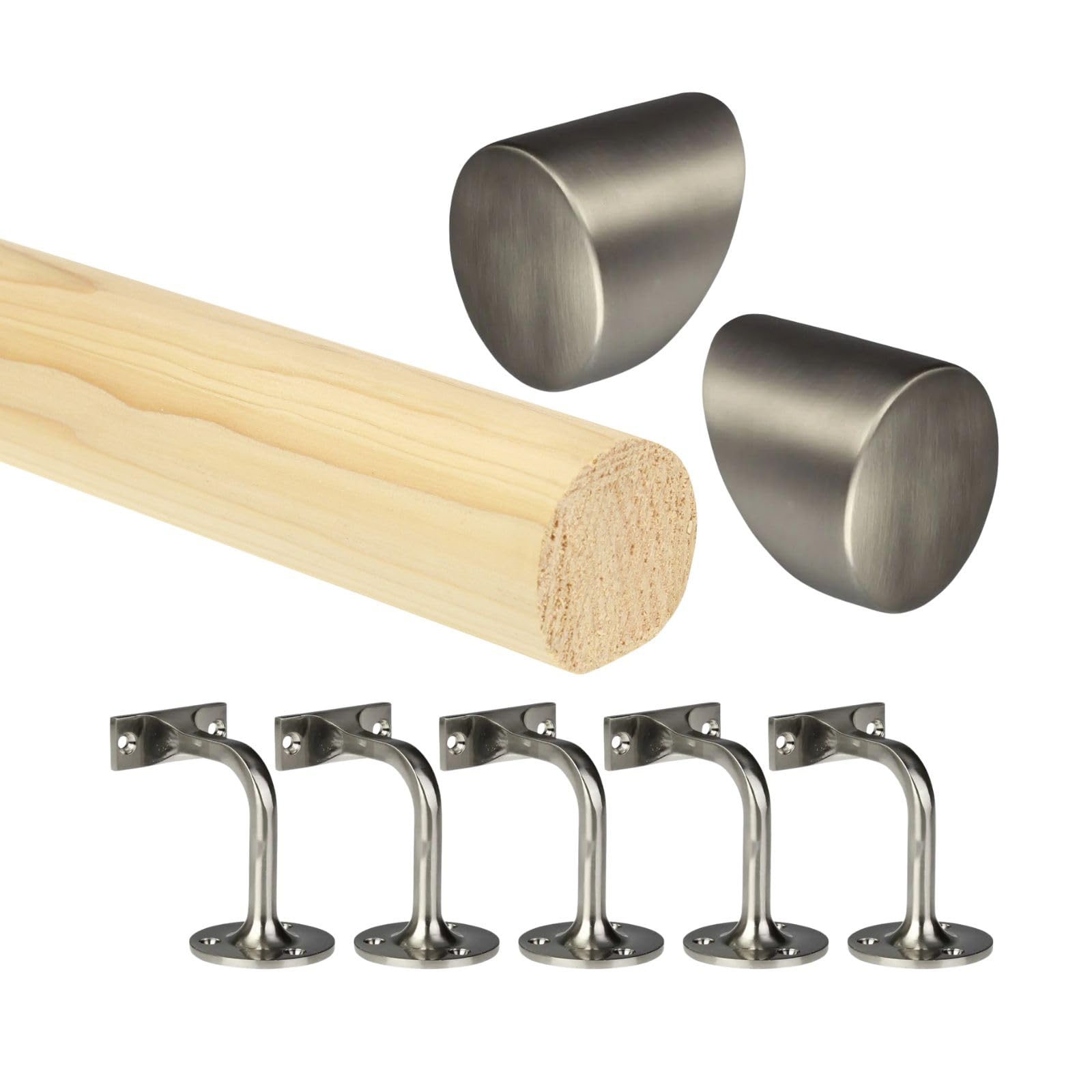 Pine Round Mopstick Handrail Kit with Wall Brackets & End Caps – 1200–4200mm, Chrome/Black/Nickel/Brass (Brushed Nickel, 4200mm)