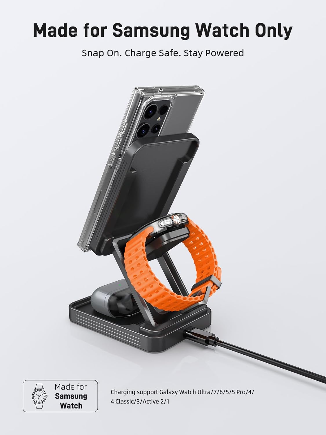 Magnetic Wireless Charger for Samsung, 3 in 1 Aluminum Alloy Charging Station for Samsung Galaxy S26 Ultra/Z Fold7/Flip7/Buds4, Qi2 Foldable Travel Watch Charger for Galaxy Watch Ultra/8/7