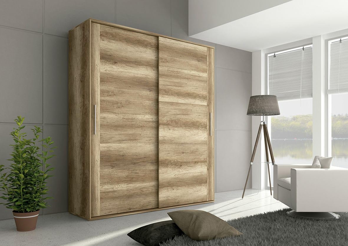 Armario con Puertas Correderas, Incluye 2 Estantes y 2 Barras para Colgar, Color Cañón, 207,6 x 180 x 55 cm