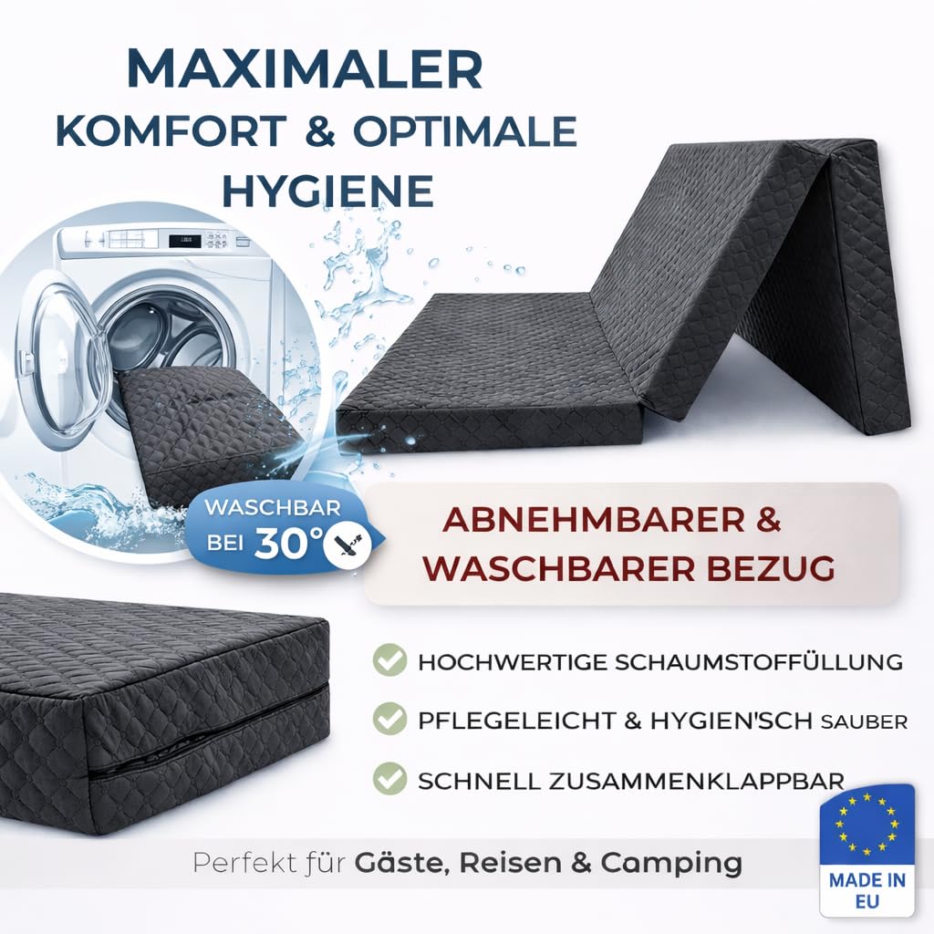 Odolplusz Składany materac klasy premium, dla gości, wyprodukowano w UE, 200 x 120 x 10 cm, może być stosowany jako materac, łóżko dla gości (kolor szary)