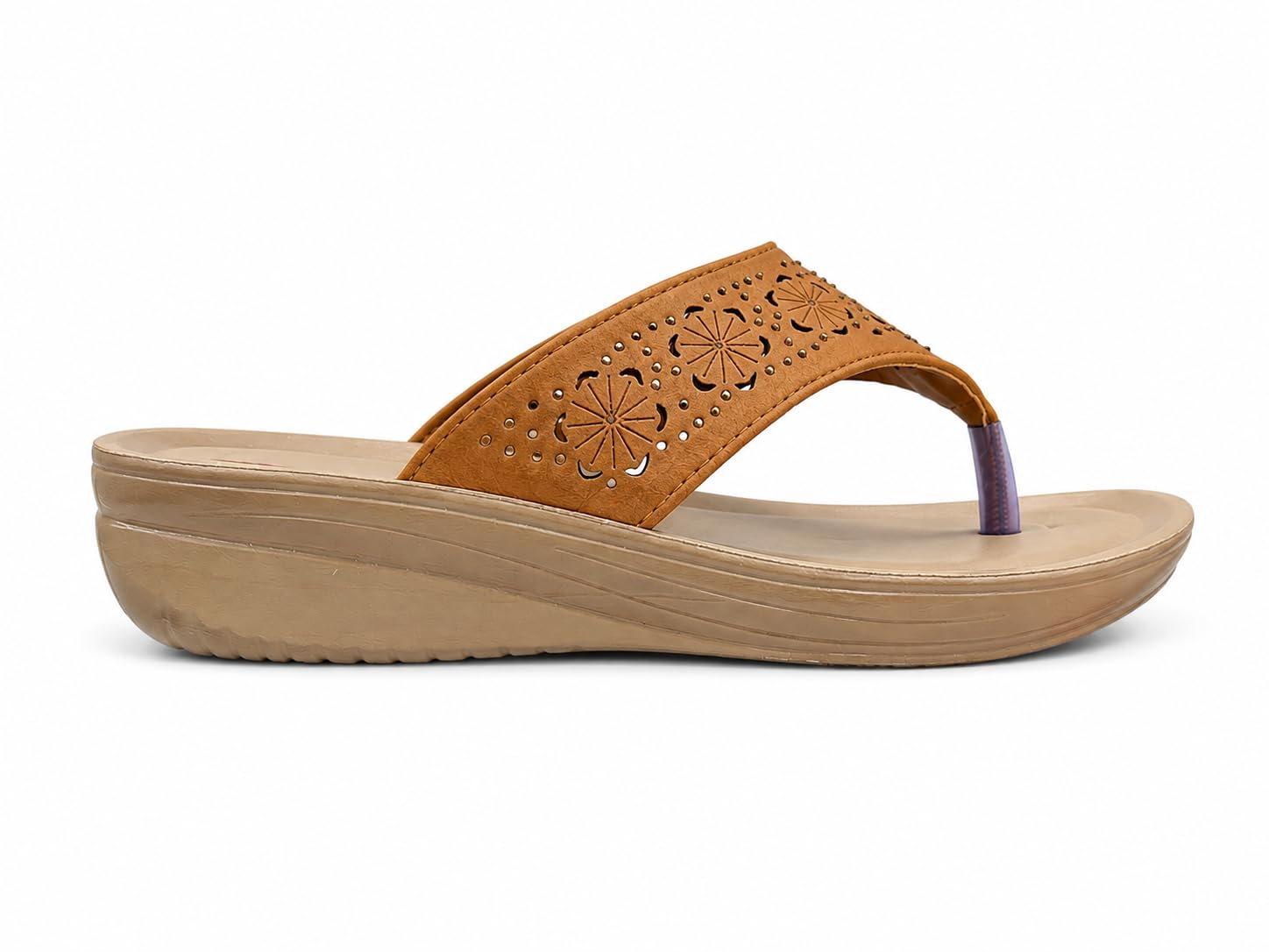 Women's Tan Wedge Thong Slipper with Laser Cut Strap-image-6