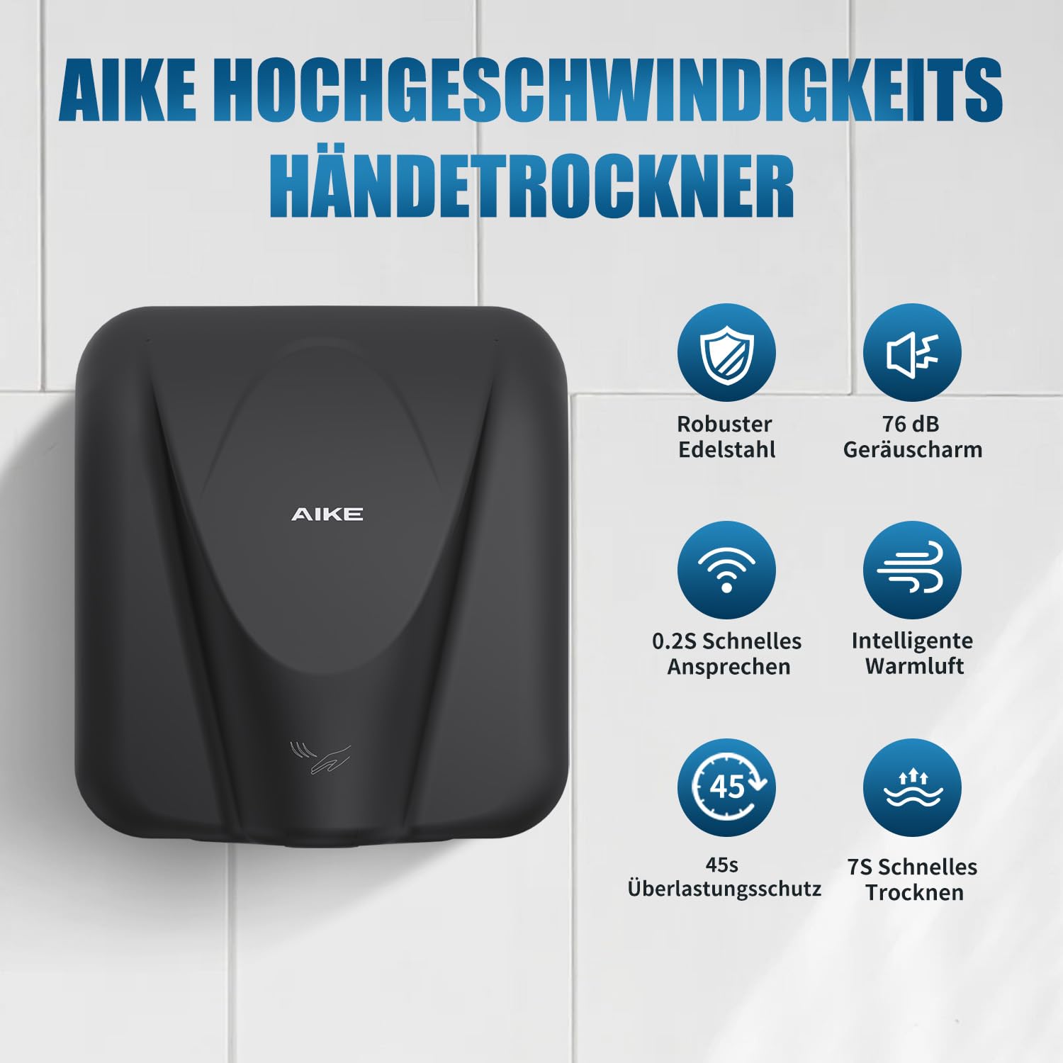 AIKE Elephant Kommerzieller Händetrockner, Hochgeschwindigkeits, Langlebiger Edelstahl für Hochfrequenzierte Toiletten, 220V AK2812 (Schwarz Edelstahl)