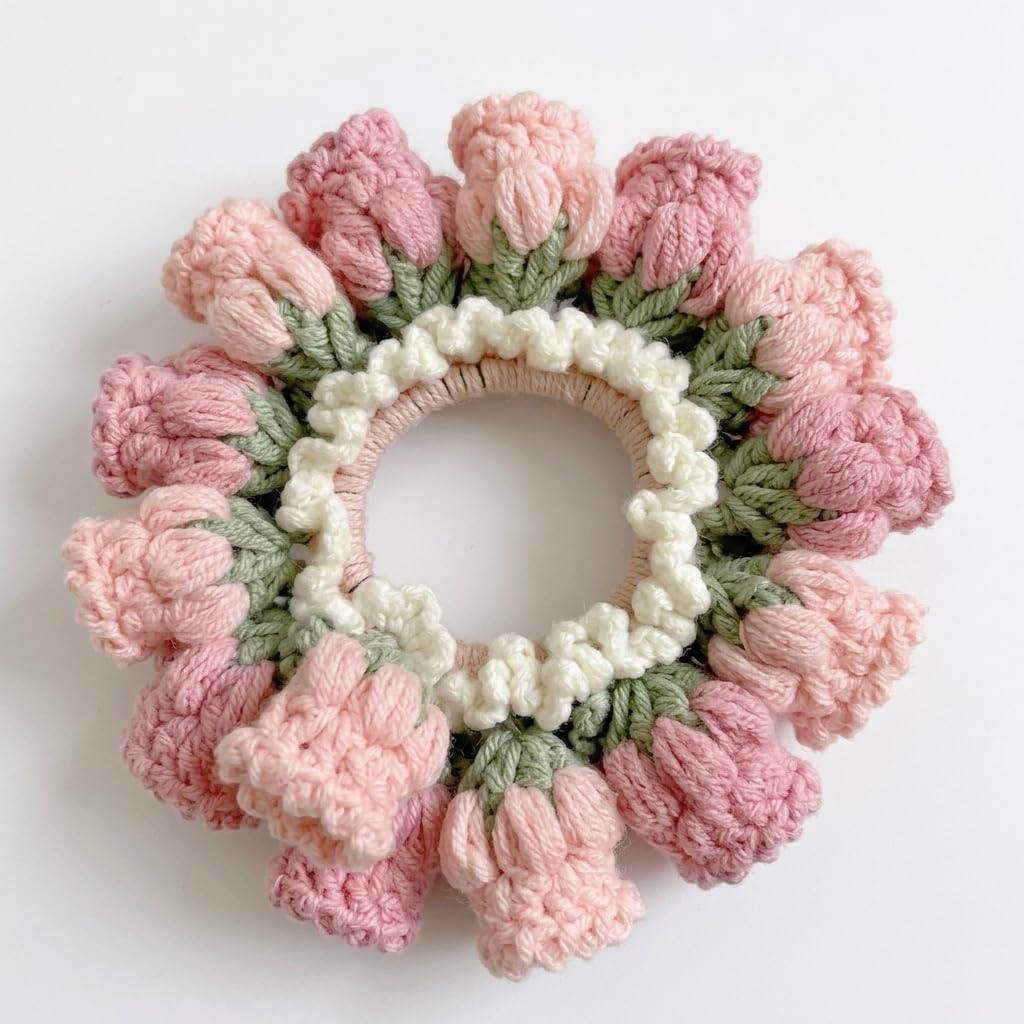 Handmade Crochet Tulip Scrunchie, Pink, Wool Knitted Floral Hair Tie, Cute Hair Accessory-image-38