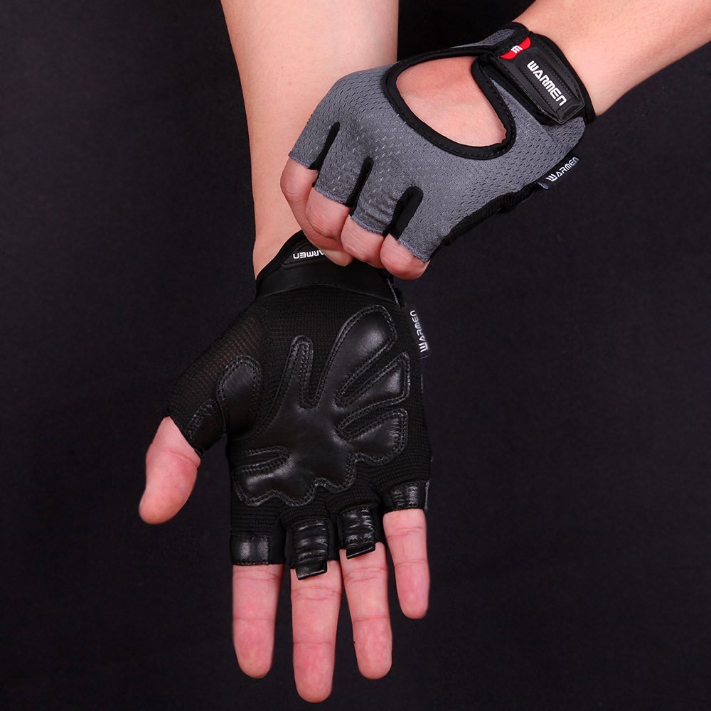 WARMEN Cycling Gloves - Leather Palm Support for Biking Riding Mountain Climbing Outdoor Racing, Fitness Workout Gym Weightlifting Indoor Power Training for Men & Women (Dark Grey, Women/Large)