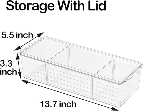 Miniatura 7 de Contenedor de almacenamiento de plástico transparente con tapa y 3 compartimentos divididos, apilable transparente y larga caja de almacenamiento