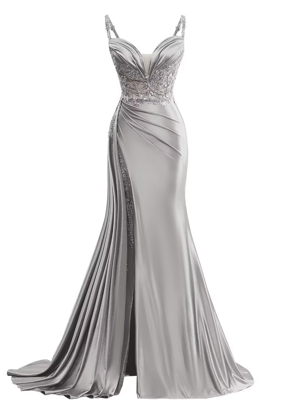 V Neck Satin Prom Dress Mermaid Lace