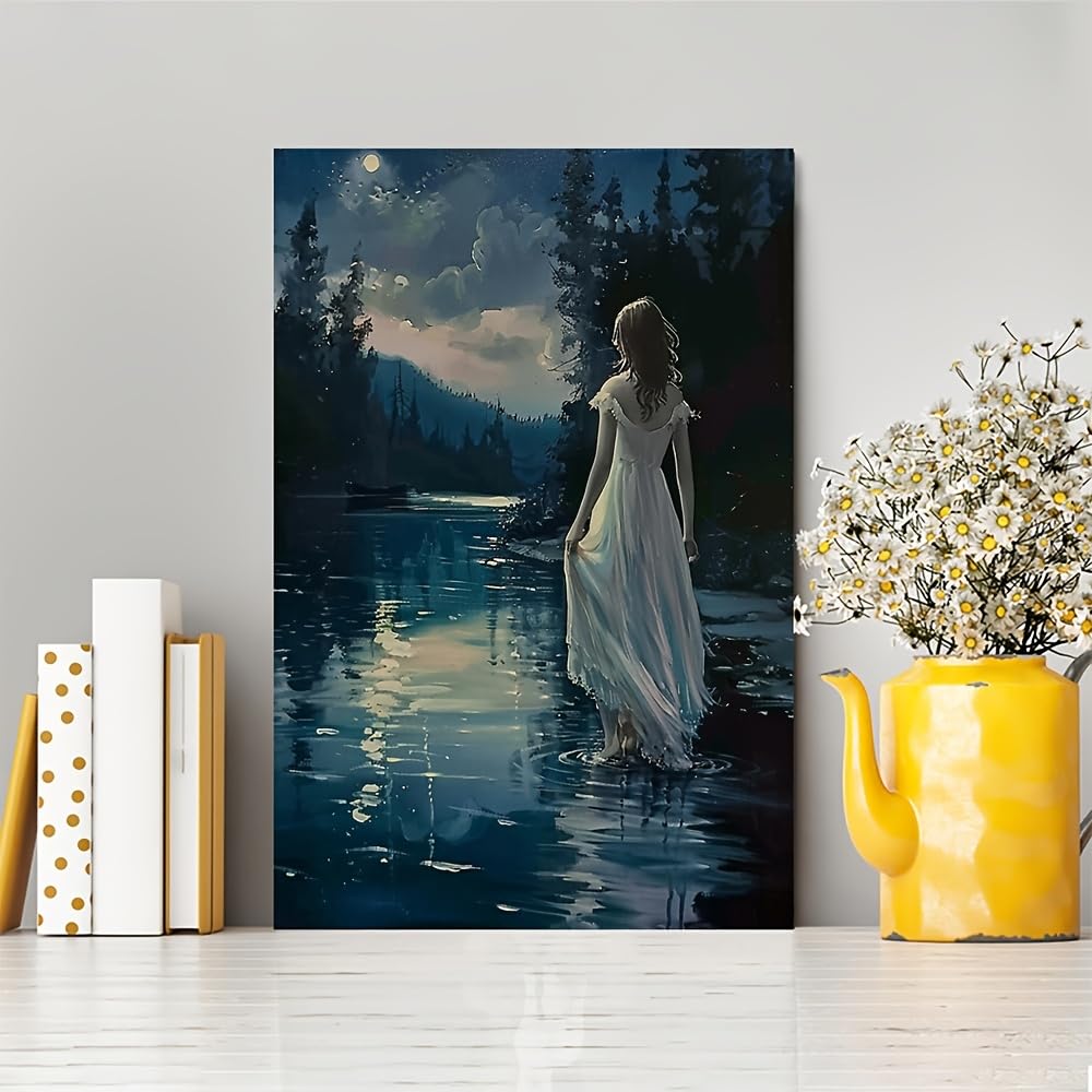 LYBCEOUG Back View of Woman Canvas Print Wall Art Picture Lake and Pine Forest Tranquil Atmosphere of Night Forest by the River (50x70cm/Framed)