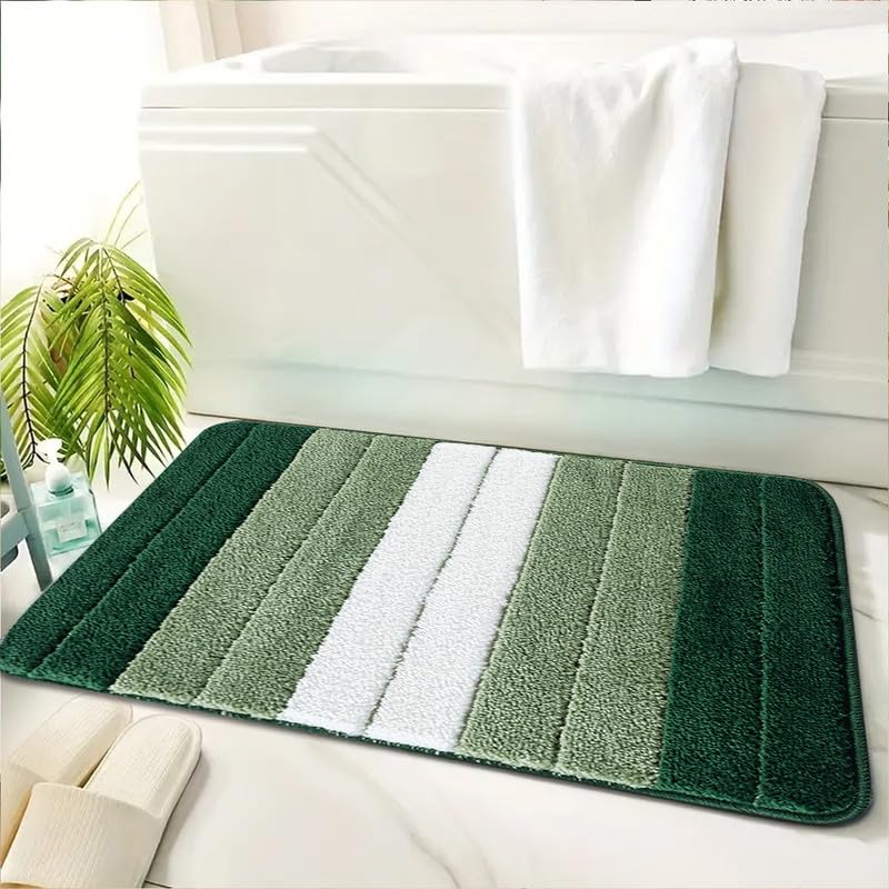 Trendy Realm Stripe Microfiber Memory Foam Bath Mat – Fast Drying Non slip Mats for Bathroom, Shower and Toiler Floor, Quick Dry, Water Absorbent and Washable Bathmats (Green, 60x110 cm)