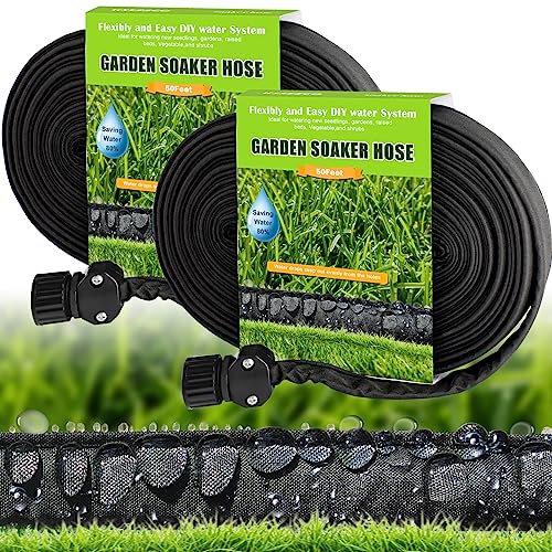Upgraded Flat Soaker Hose 100 FT for Garden Beds, 50 FT 2 Packs 3/4" Linkable Garden Drip Irrigation Hose Save Water 80%, Double Layer Soaker Hose Flexible Leakproof Kink Free Watering Hose