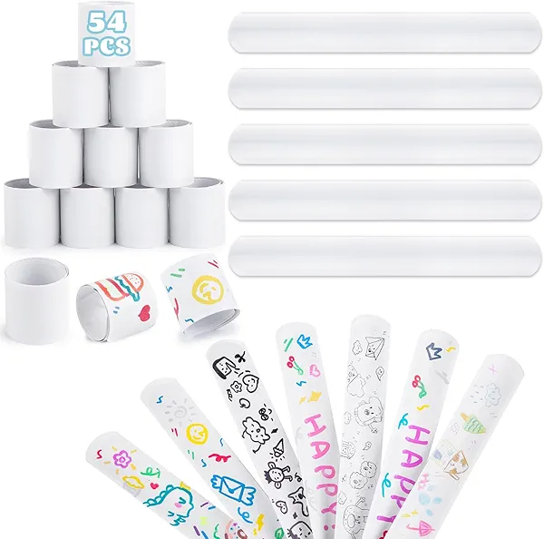 LovesTown 54PCS White Slap Bracelets, DIY Snap Bracelets Bulk Crafts for Kids Party Favors Treat Bags Birthday Goodie Bag Stuffers Classroom Prizes