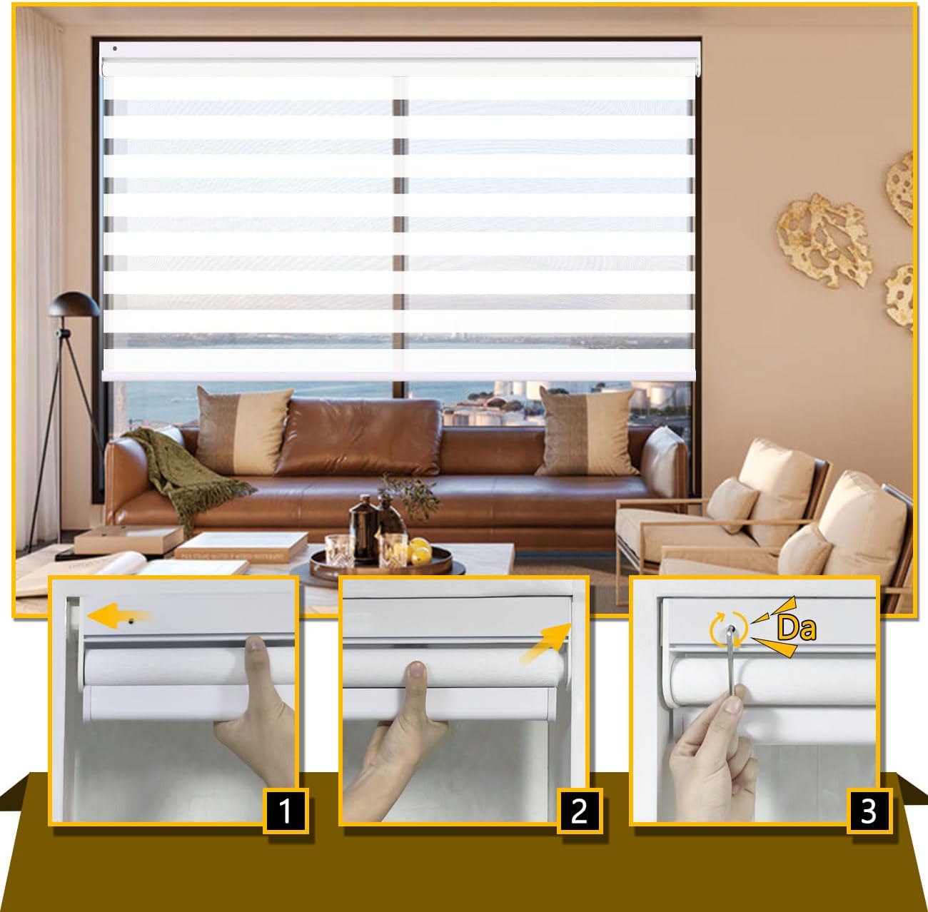 No Drill No Tools Zebra Shades for Windows, Cordless Blackout Zebra Blinds, Custom Size Easy Install Free-Stop Dual Layer Light Control for Home, Office,White-50% Blackout, 39" W x 72" H