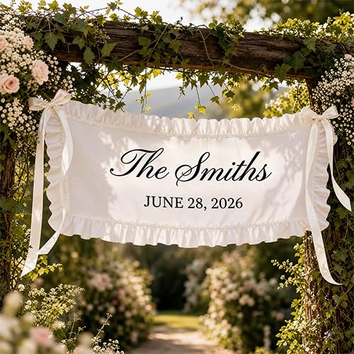 Image of Custom Wedding Last Name Banner with Ruffle Edge and Ribbon Bows, Personalized Family Name Sign, Wedding Welcome Banner for Ceremony Entrance, Reception Decor, Bridal Shower, Engagement Party