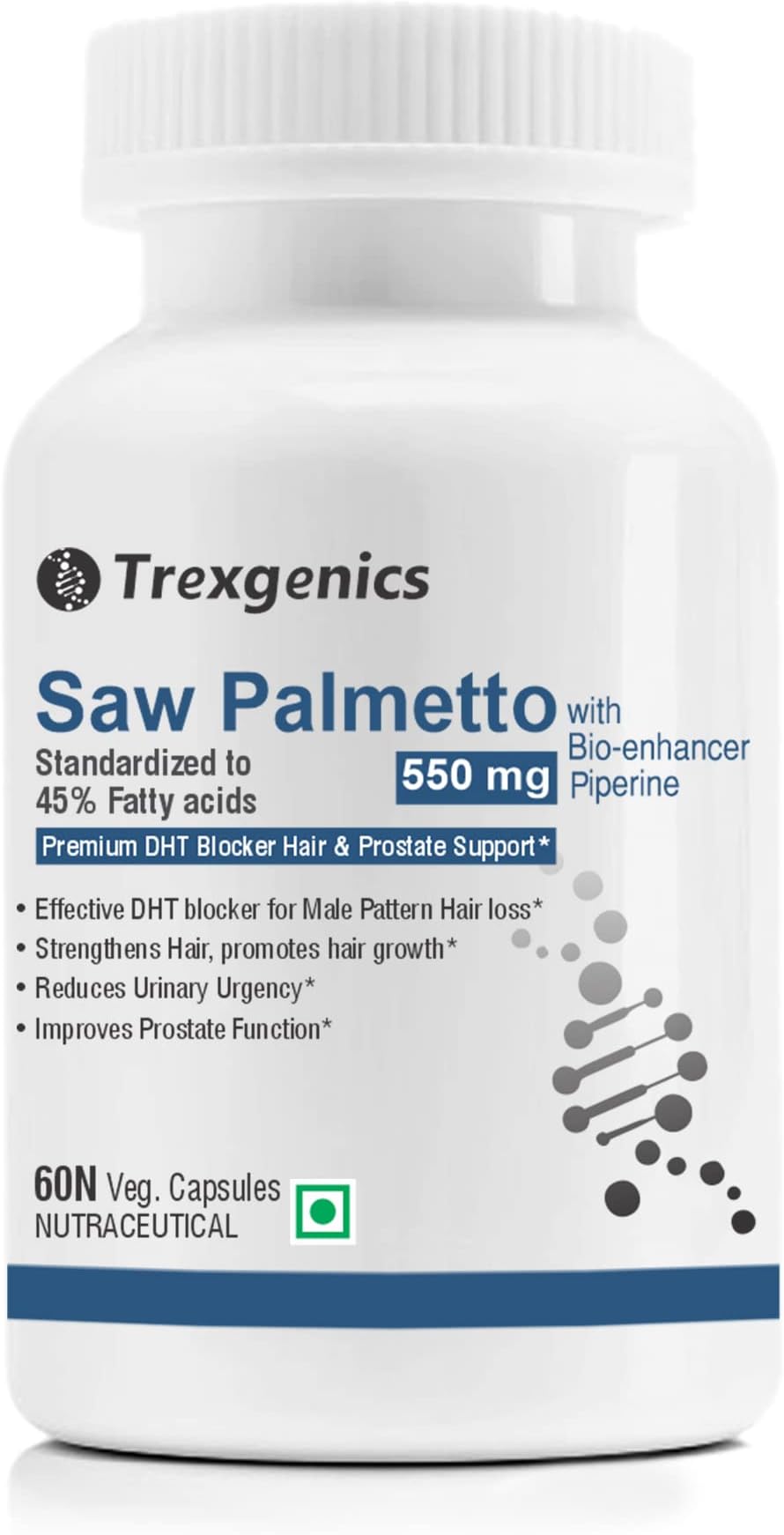 Trexgenics SAW PALMETTO Advanced - High Strength 45% Complex 550 mg with Bio-enhancer Piperine - Hair DHT Blocker & Prostate Support (60 Veg. Capsules) (1)