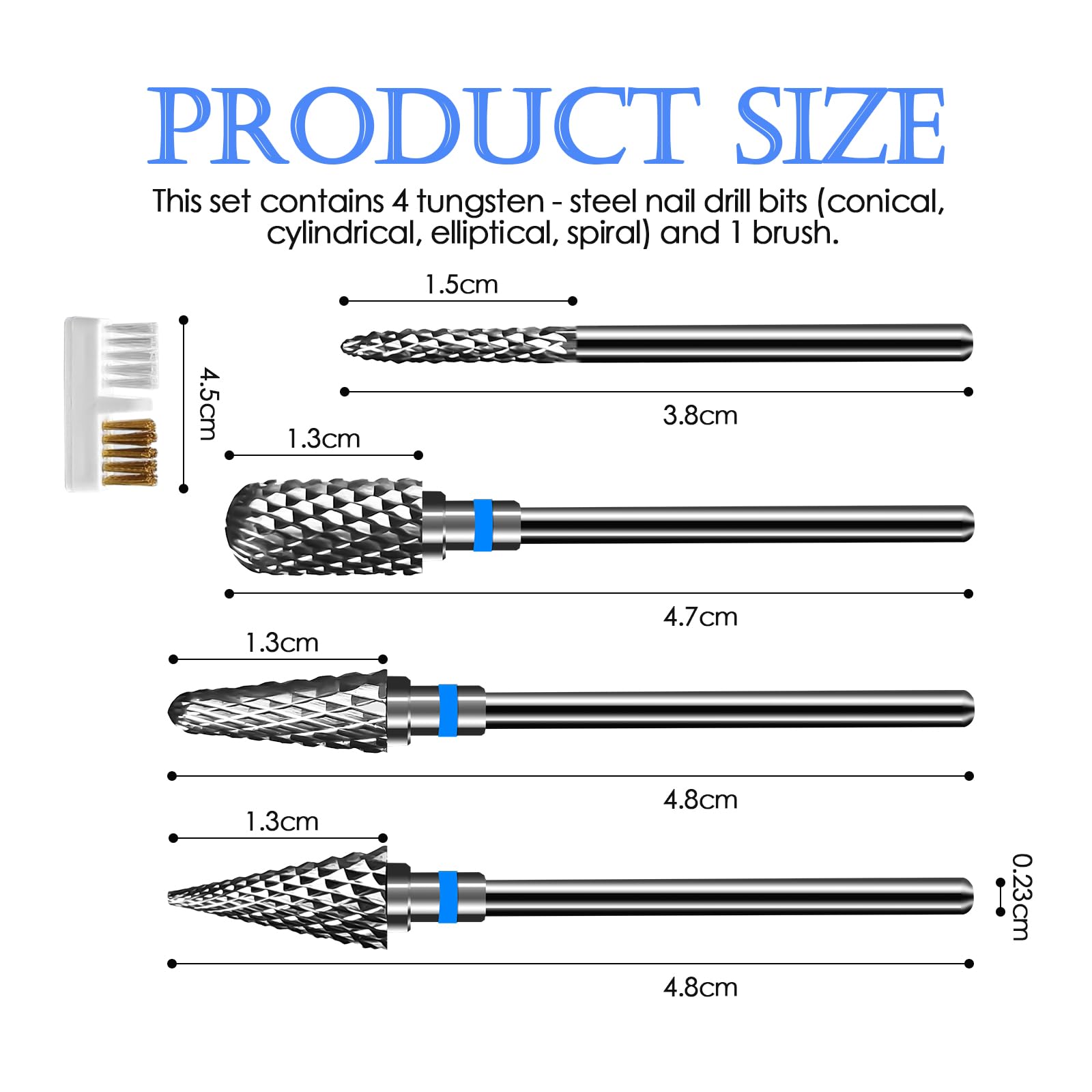 4 punte per fresa per unghie, 2,35 mm, universali, per manicure, pedicure, tagliaunghie, per rimuovere le unghie in gel, per cuticole