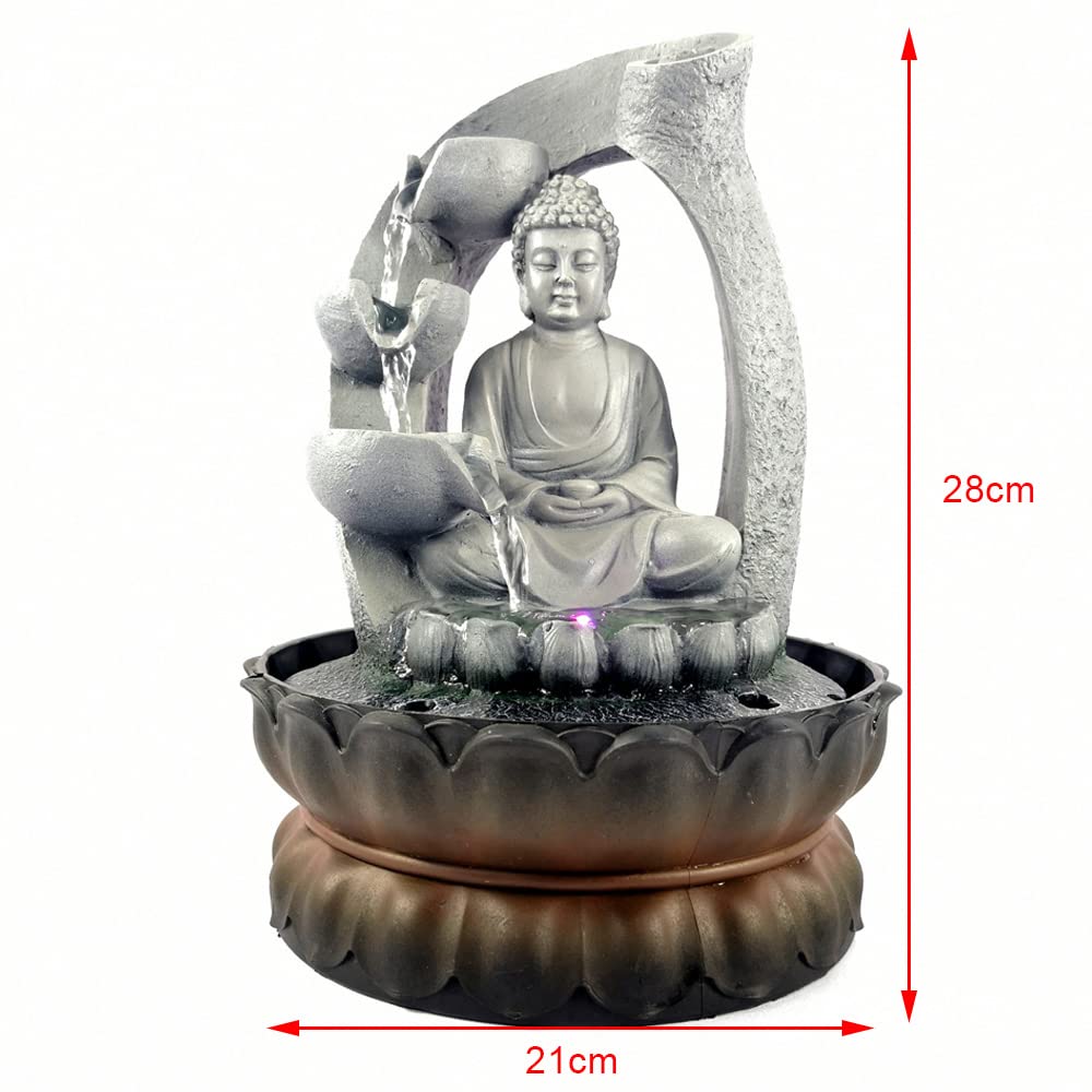 Fontana Buddha con luce LED, fontana da tavolo Shui Zen, decorazione in resina Buddha, fontana in loto, decorazione per interni
