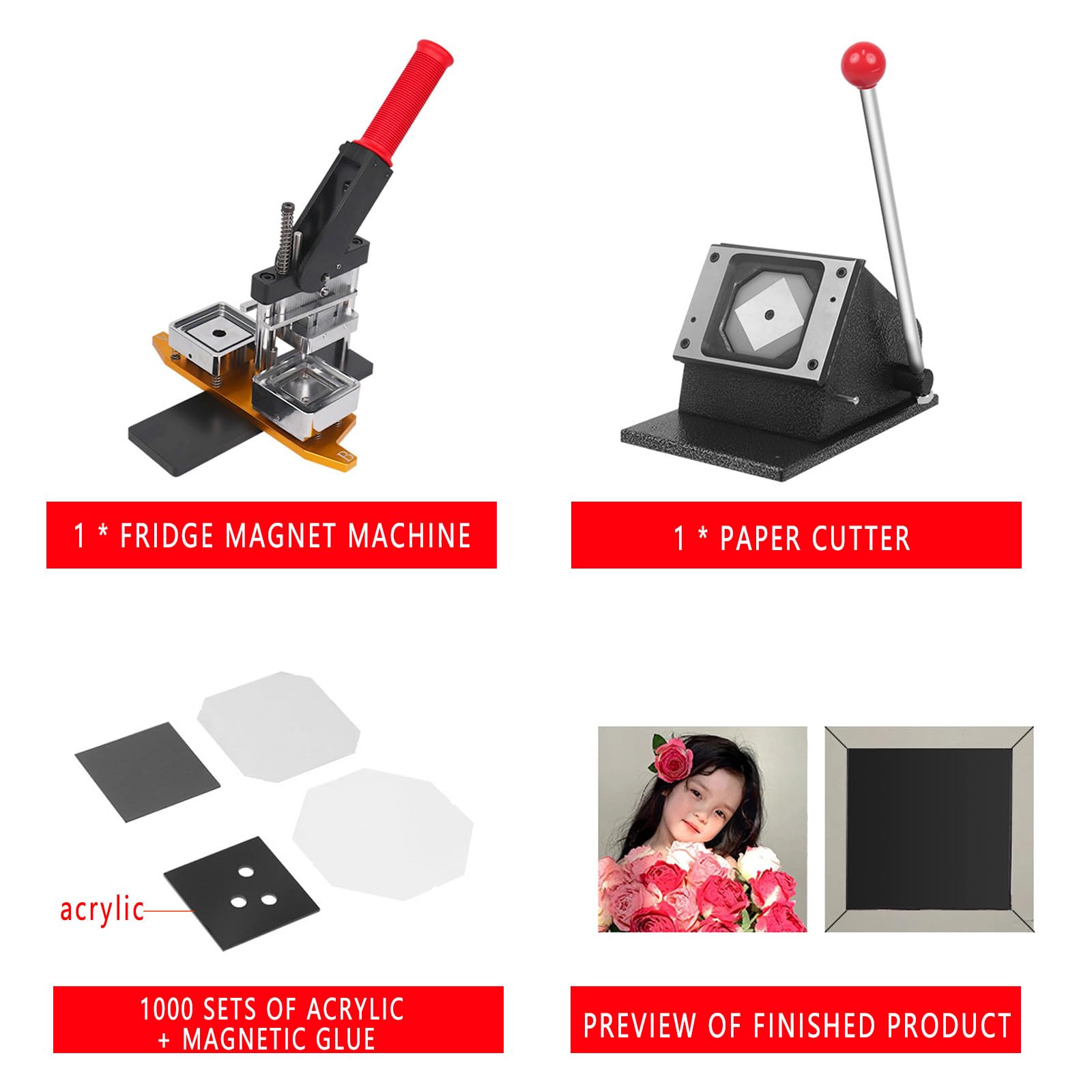 DIY Foto Kühlschrank Magnet Maker Machine Kit enthält 1 Pressmaschine, 1 Papierschneider und 100/1000 Verbrauchsmaterialien, Acryl und Magnete