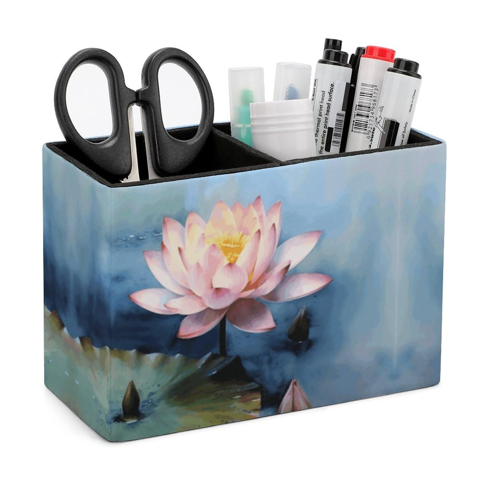 LZQPOEAS Exquisite Patterns PU Leather Pen Holder, Multifunctional Desktop Organizer Caddy with 2 Compartments, Lotus Flower Painting Pencil Cup Makeup Brush Holder for Office Home