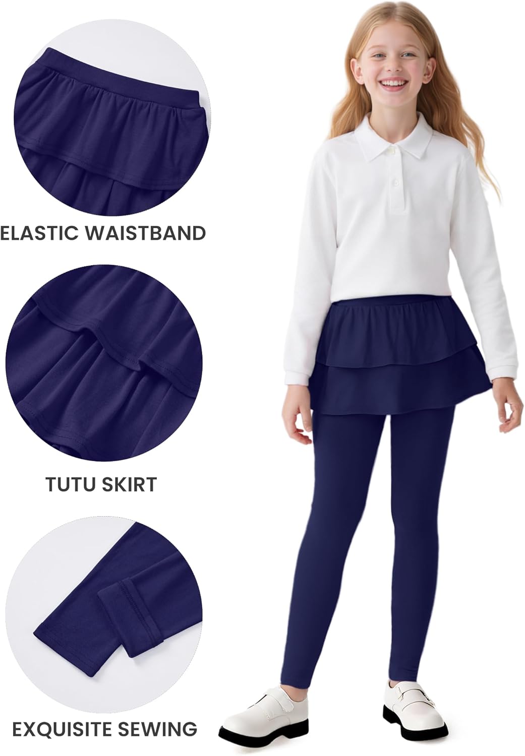 Auranso Girls School Uniform Pants Kids Clothes Ruffle Tutu Leggings with Skirt 2-14 Years - Image 4