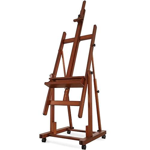 VISWIN Heavy-Duty H Frame Easel, Hold Canvas to 82", Tilts Flat, Adjustable Beech Wood Large Easel for Painting with Storage & 4 Wheels, Professional Floor Art Easel Stand for Adults, Artists - Walnut Brown - L