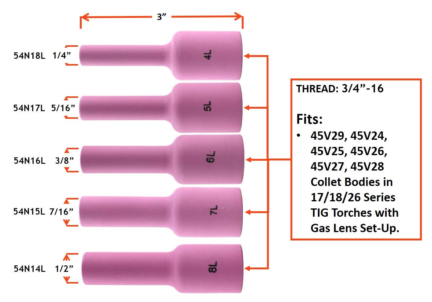 Long Alumina Nozzle Cups for TIG Welding Torches Series 17/18/26 with Gas Lens Set-Up - Assorted Sizes: #4L to #8L - (10 PIECES)