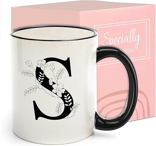 Tazas de café de cerámica con monograma, taza de bebida inicial de 11 onzas con caja de regalo, regalos únicos de cumpleaños y Navidad para mujeres,