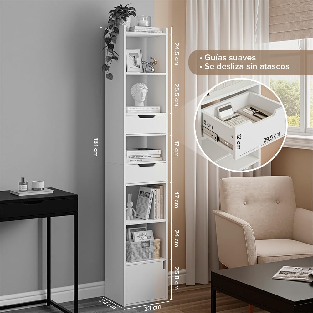 Marctani Libreria Estanteria Blanca con 6 Niveles y 3 Cajones - Estanteria Libros de Madera MDF - Libreria Estrecha y Alta con Almacenaje para Dormitorio, Salon, Baño. Book Shelf 33 x 24 x 181 cm