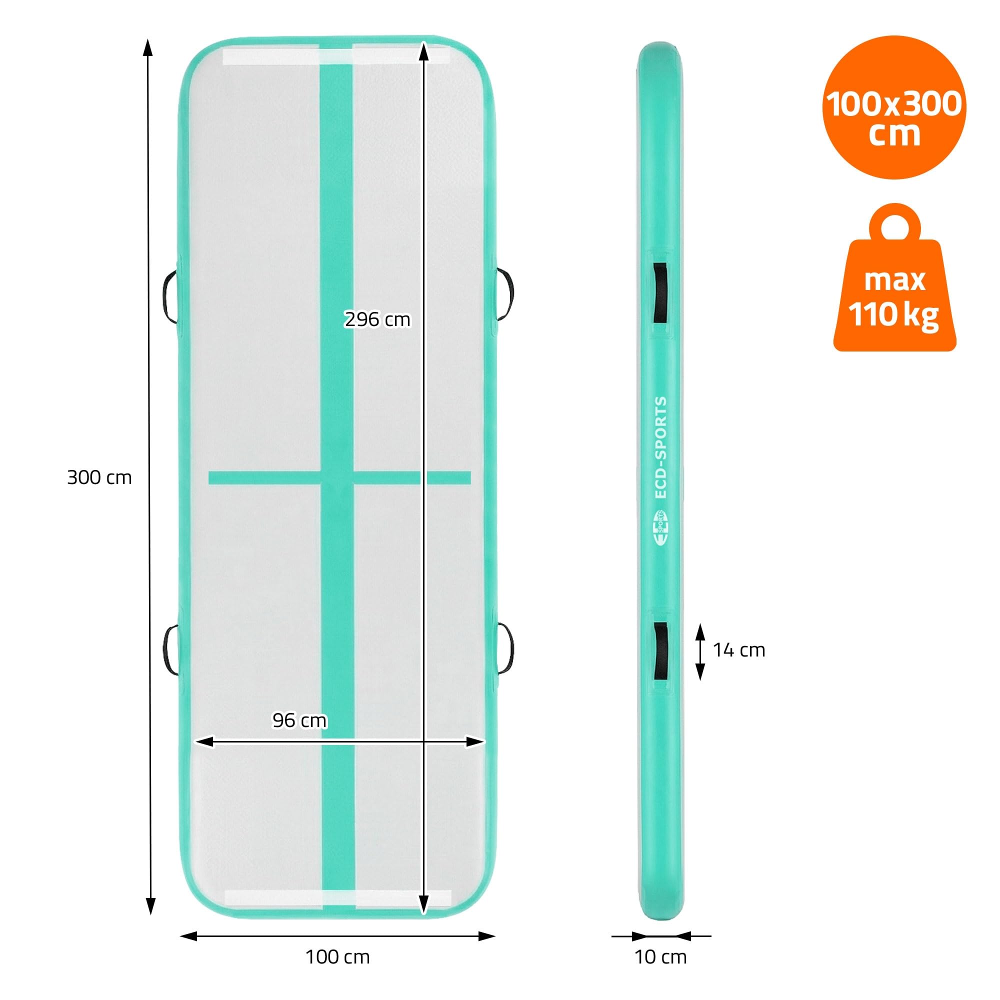 ECD Germany Tapis Airtrack 3m/4m/5m, Rose ou Vert Menthe, Épaisseur 10cm, Piste de Gymnastique Gonflable, Tumbling, Yoga, Pilates, Fitness, avec Pompe Électrique et Sac de Transport, Équipement Sport
