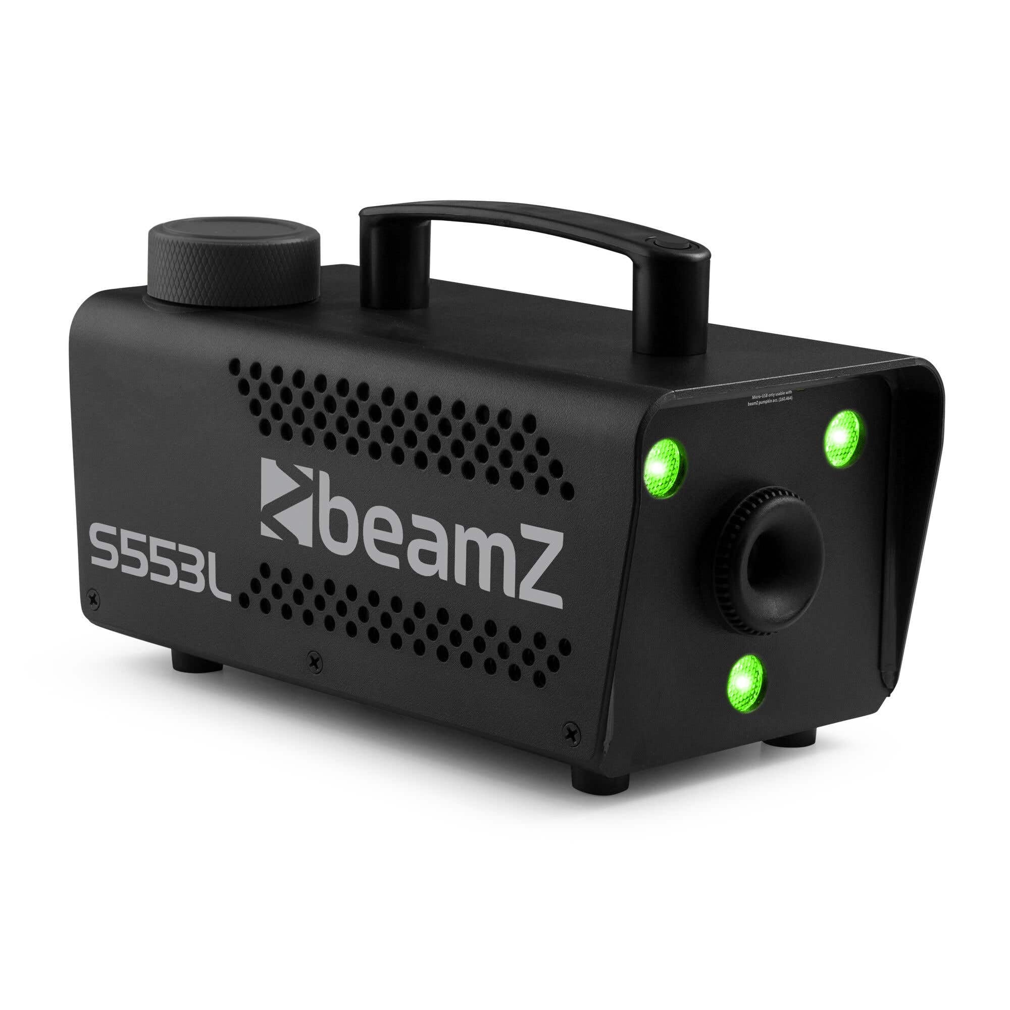 BeamZ S553L máquina de humo 550W con LEDs RGB y efecto estroboscópico, lista en 2,5 min, salida 50 m³/min, incluye 2L de líquido, compacta y portátil para fiestas y eventos