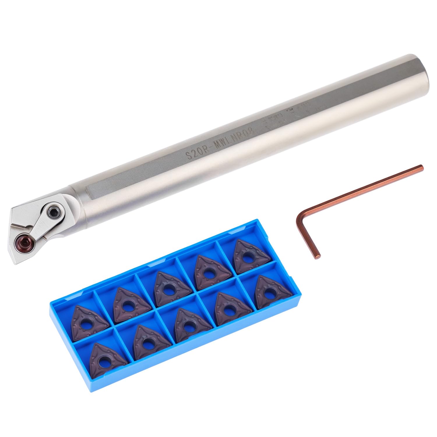 QWORK® uchwyt na narzędzia tokarskie wytaczany 20 mm S20R-MWLNR08 z 10 frezami z węglików spiekanych WNMG432 i kluczem