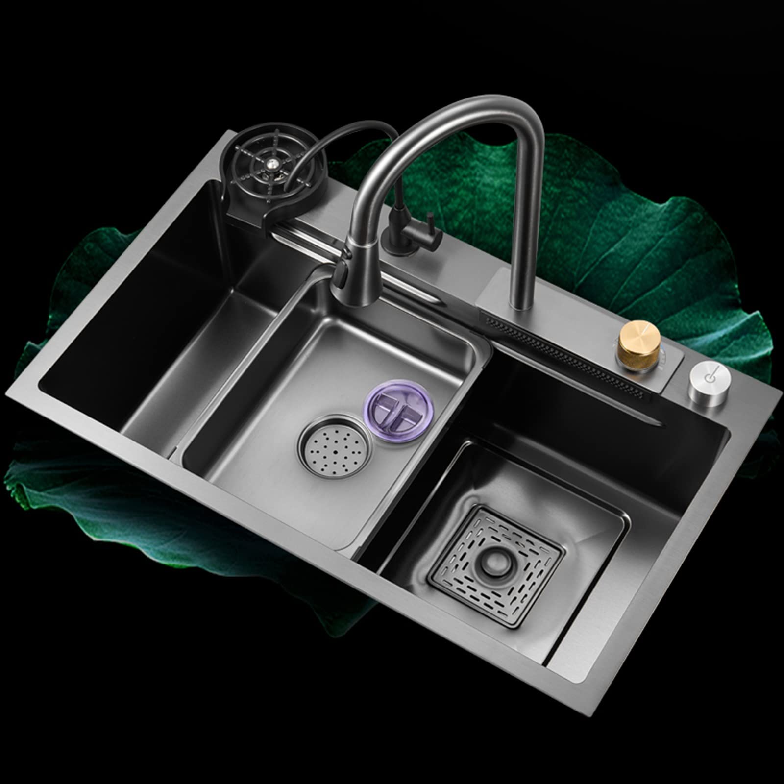 WBJGUOD Drop-in Or Undermount Installation Kitchen Sink, Stainless Steel Waterfall with Cup Washer Sinks With Pull-down Faucet,for Laundry Bar (Size : 68 * 45cm)