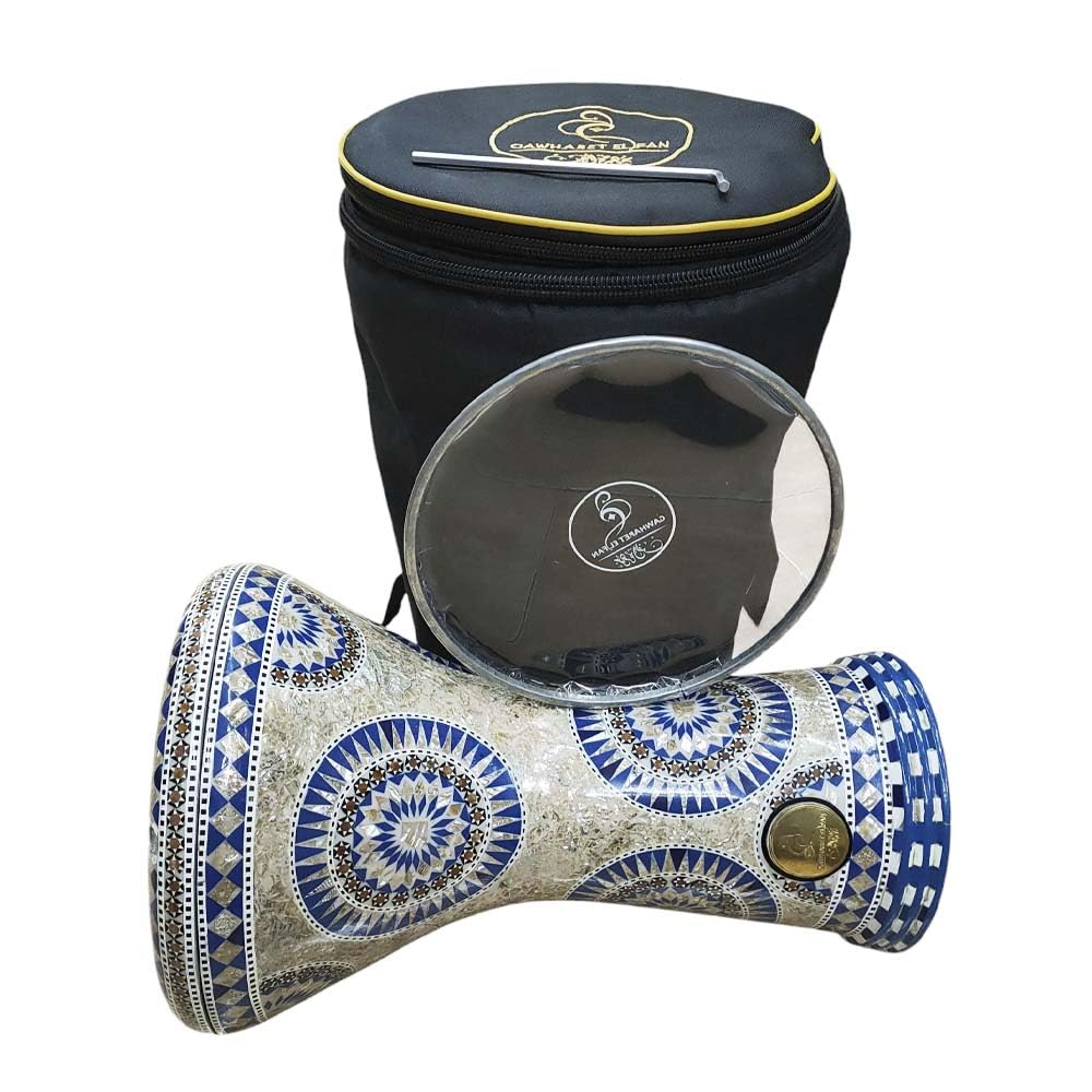 Darbuka by Gawharet de Fan, Egypt, metal with mother of pearl, bone and enamel, 43 cm high, 27.5 cm diameter