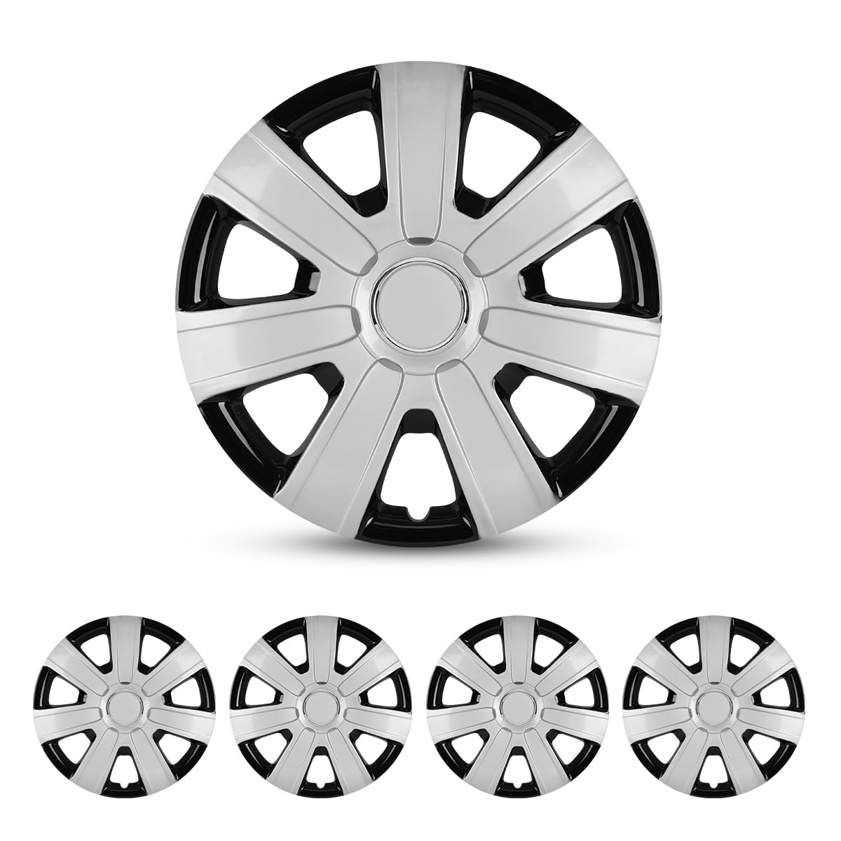 I1MOTOR Hubcaps 14", Wheel Rim Cover Universal R14 Hub Caps, Snap On Car Pickup Truck SUV, Lacquer Wheel Covers, PP Material, 4 Pack, Silver & Black Lacquer