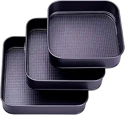 Conjunto 3 Formas Quadradas de Alumínio com Fundo Removível Jogo Antiaderente para Bolo e Torta, kit de Assadeiras - 22,24 e 26 cm