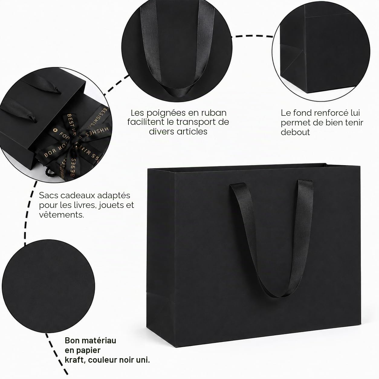 Lot de 20 Sacs Cadeaux Extra Larges Noirs | 40 x 15 x 30 cm pour Hommes et Mariages