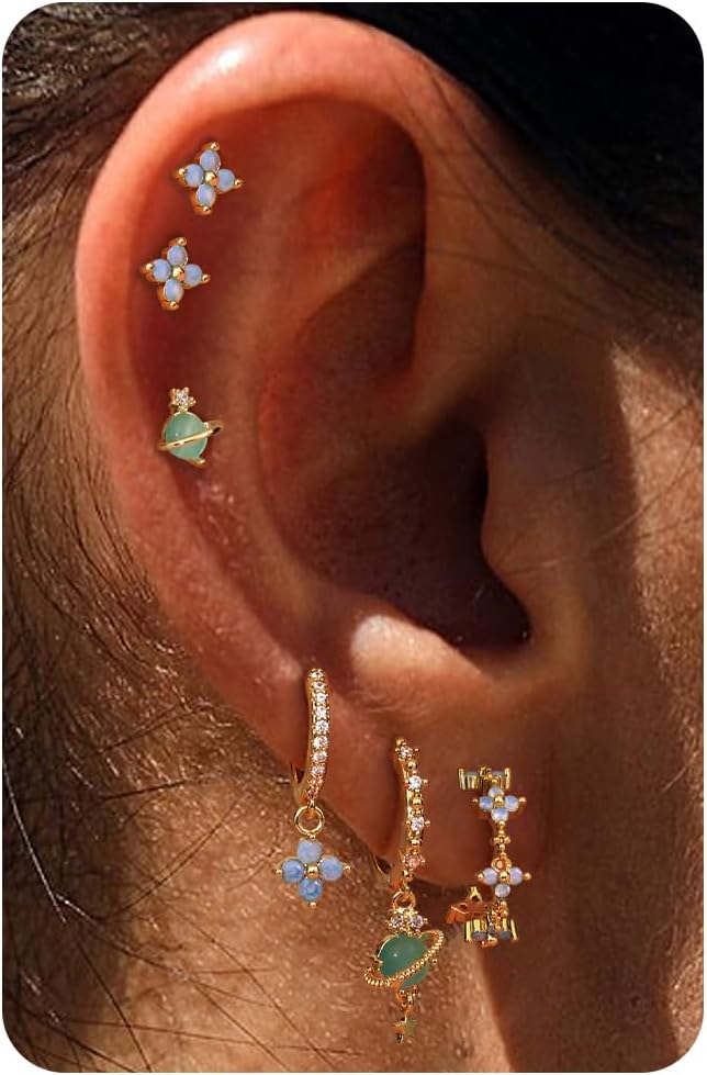 Sterling Silver Post Earrings for Women - Hypoallergenic Cartilage Earrings Dainty 14K Gold Plated Stud Huggie Hoop Earrings Dangle Chain Earrings Gold Plated Jewelry
