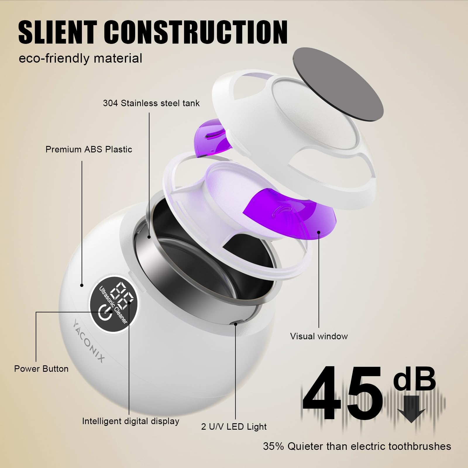 Nettoyeur de retenue dentaire à ultrasons 45 kHz avec 3 modes et minuteur numérique pour nettoyer les prothèses dentaires, garde de nuit, appareils dentaires, aligneurs, bijoux, 200 ml