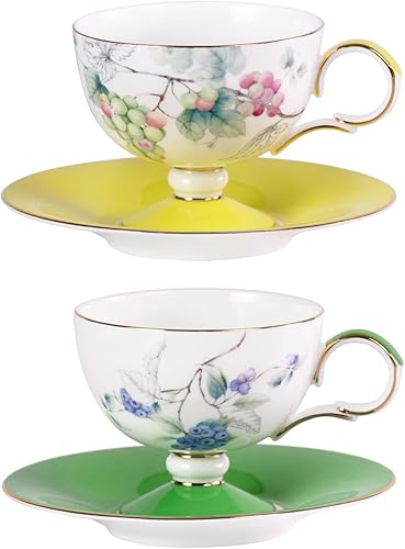 Miniatura 10 de KAMMAK Juego de 2 tazas de café de cerámica, tazas de café de porcelana con platillos, 6.52 onzas hechas a mano, elegante taza de té de porcelana de