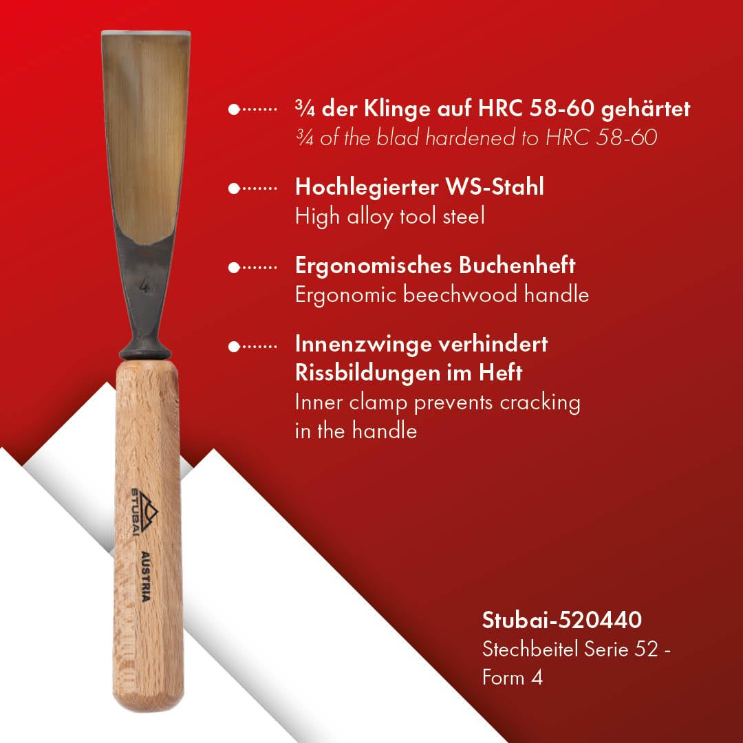 Stubai 520440 Typ 4 Dłuto do rzeźbienia w drewnie z drewnianym uchwytem, złoty/beżowy, 40 mm