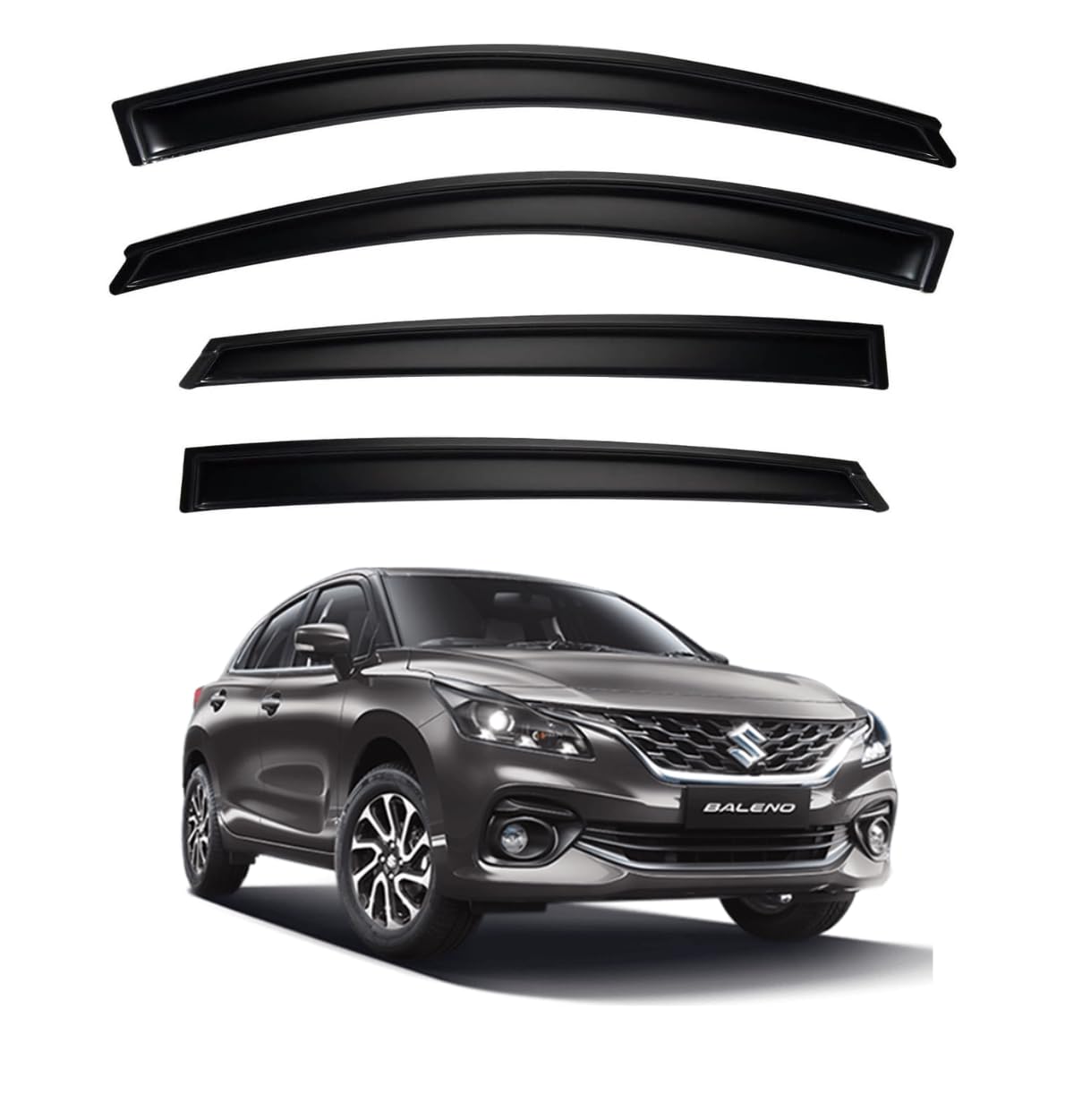 ShopClub Premium Smoke Car Door Visor Front+Rear Sun/Rain Guard Outside Mount Tape-On Window Visors Compatible with Suzuki Baleno (2025)