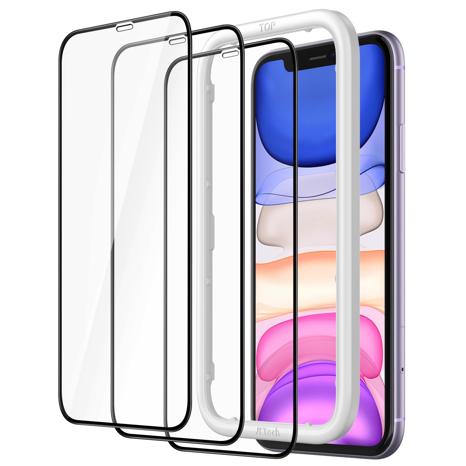JEDirect iPhone 11/iPhoneXR (6.1 inch) Full Protective Black Edge Film, Tempered Glass Film, Guide Frame, No Interference, HD Clear, Set of 3