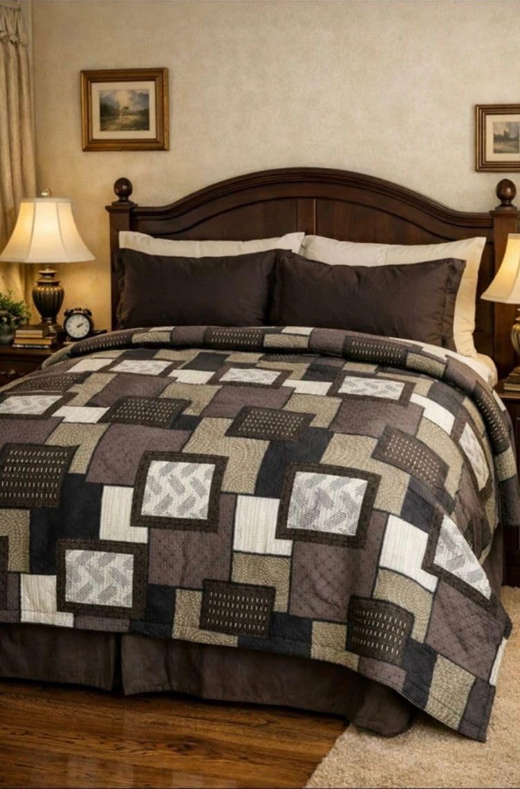 Patchwork Quilt Bedspread, Geometric Block Pattern, Brown, Grey and White, Quilted Bedding Cover-image-7
