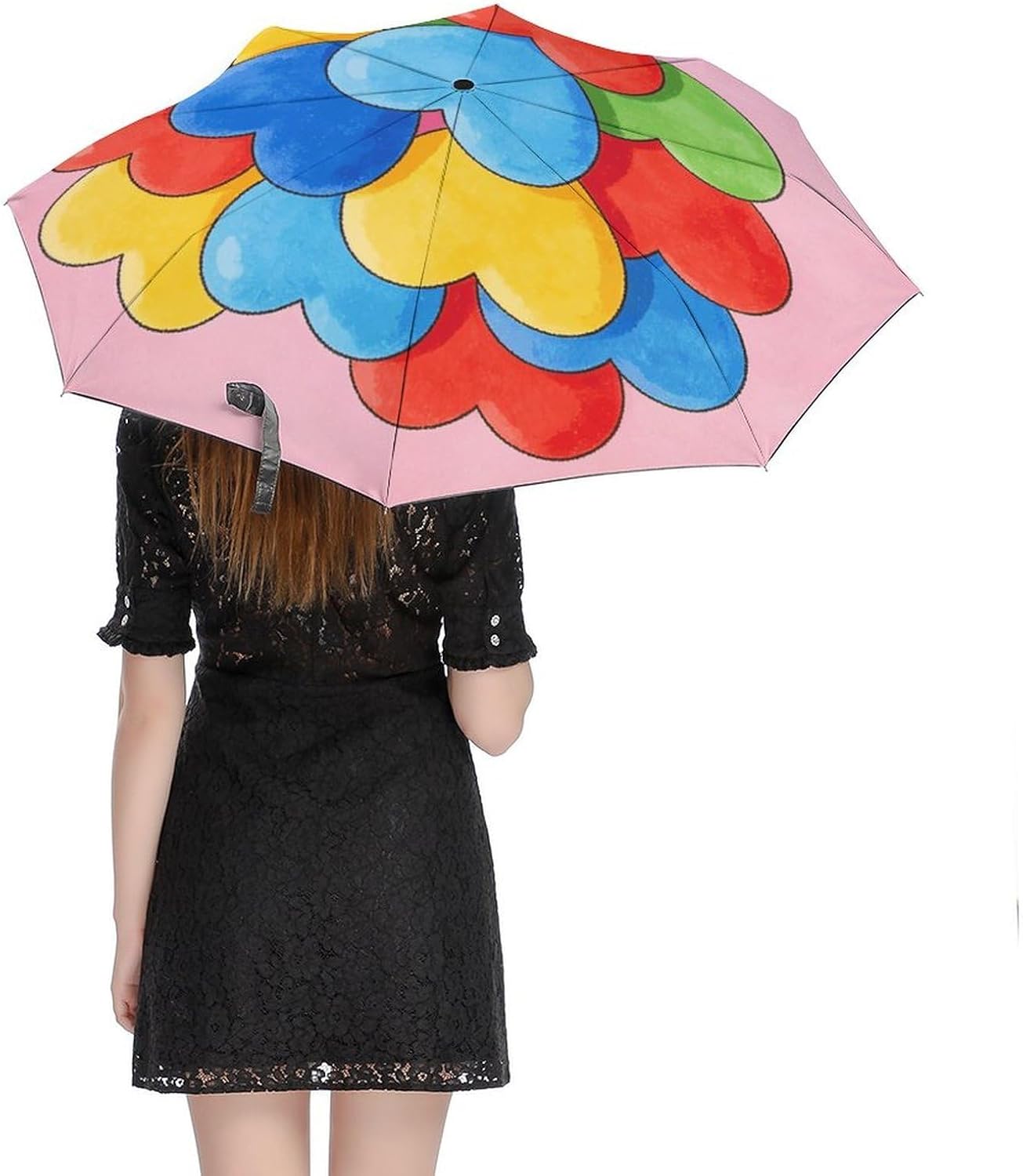 Colorful Heart Lovely Cute Pink Umbrella,Automatic Open 3 Folding Umbrella Strong And Portable Durable Premium Grip Travel Umbrella for Men And Women Fits Car And Backpack