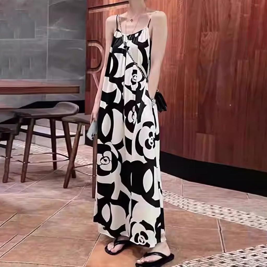 Abito Lungo con Spalline A Camelia Bianco E Nero, Abito da Spiaggia Estivo Francese con Scollo A V, Design Scollato