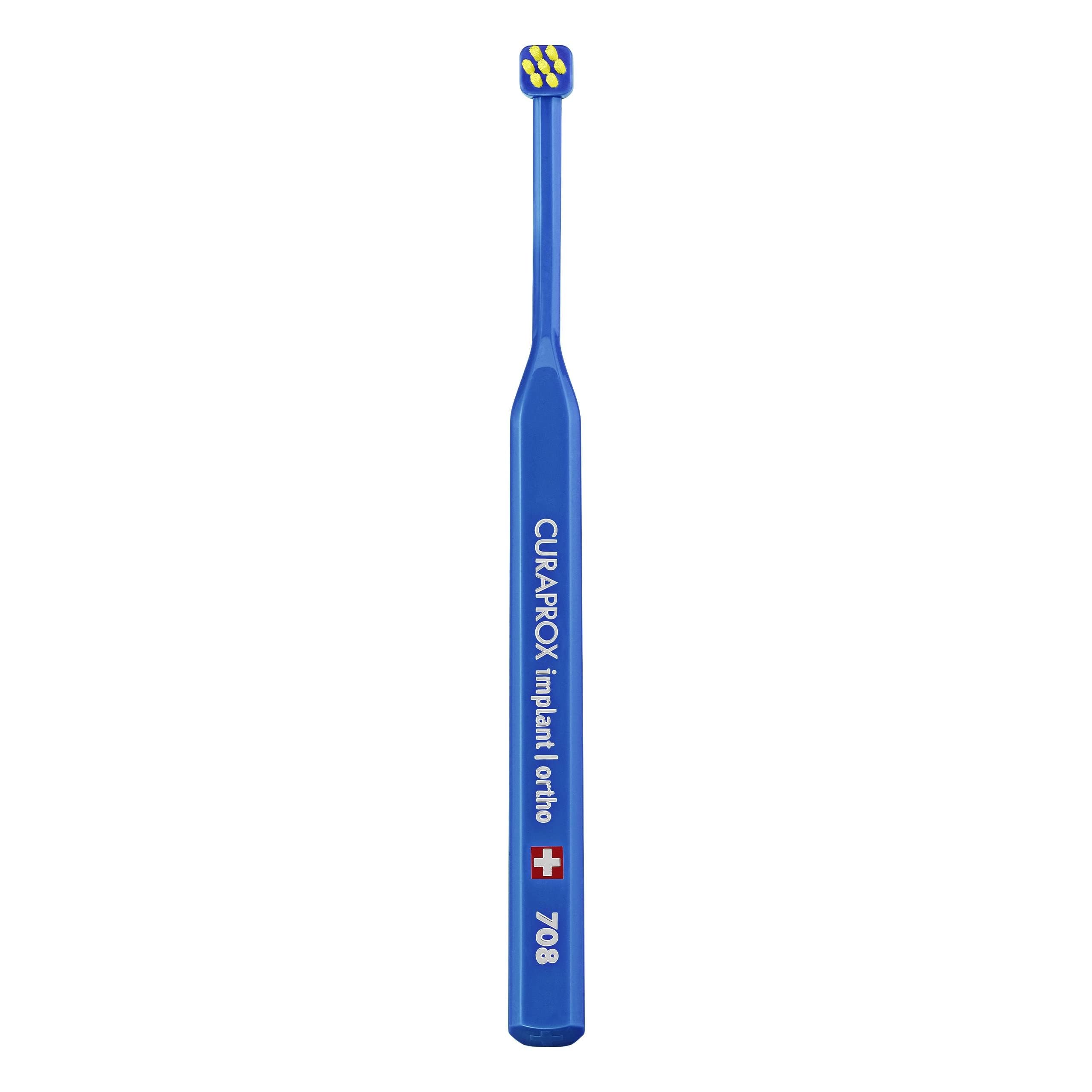 Curaprox implant toothbrush-do implantów, aparatów ortodontycznych i trudnych miejsc/Elastyczna głowica do precyzyjnego czyszczenia/Niebiesko-żółty/pojedyncze opakowanie/Made in Switzerland